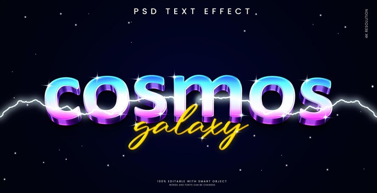 PSD un colorido efecto de texto espacial en 3d con un fondo oscuro