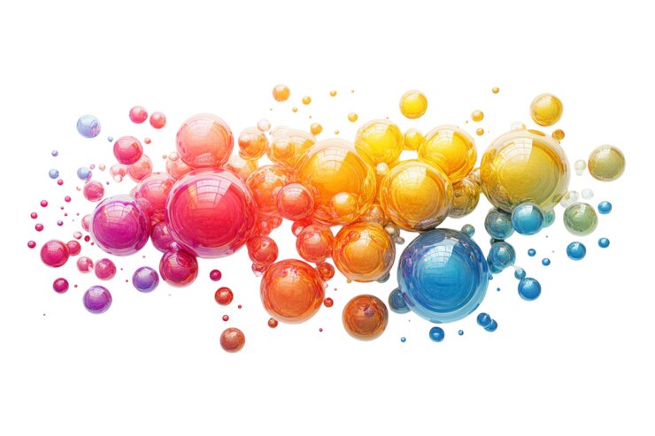 PSD colorido fondo de burbujas abstractas con esferas de arco iris vibrantes en blanco para el diseño creativo