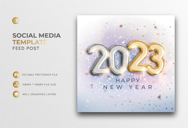 colorido glam 2023 globos brillantes 3d render con brillos feliz año nuevo publicación en redes sociales