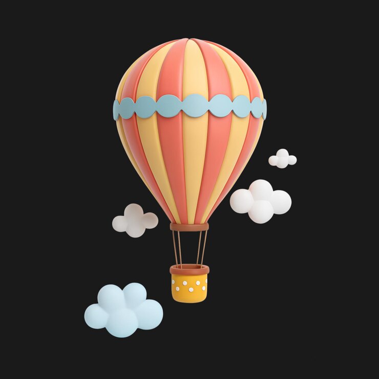 PSD un colorido globo de aire caliente de dibujos animados 3d flotando en el cielo con nubes