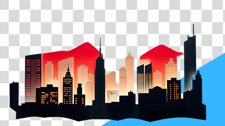 PSD un colorido horizonte de la ciudad con un fondo rojo