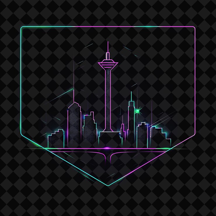 PSD un colorido horizonte de la ciudad con un marco verde y un letrero de neón rojo y verde que dice futurista