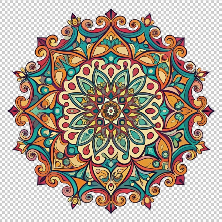 PSD un colorido y intrincado patrón de mandala en tonos de oro rojo y azul sobre un fondo oscuro