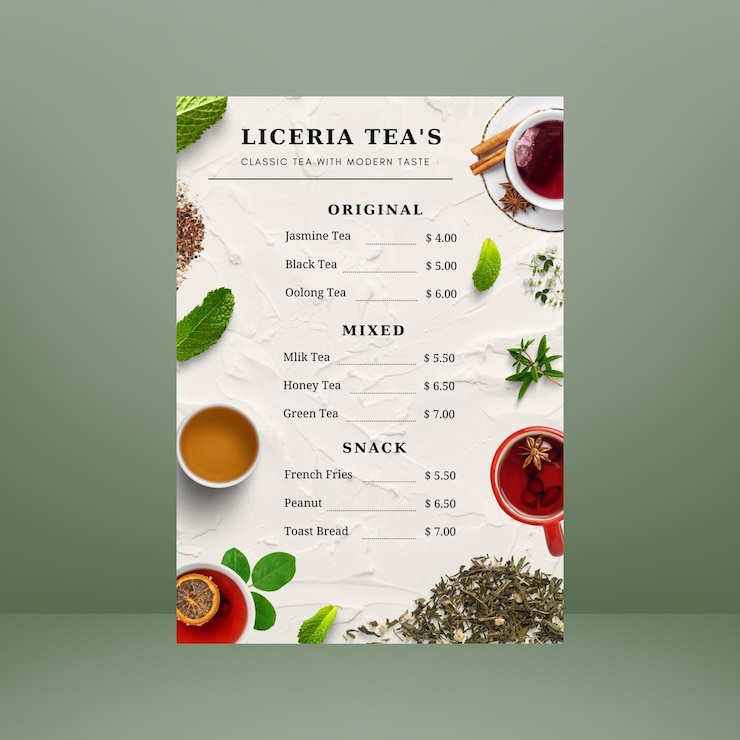PSD el colorido menú de bebidas de té de liceria