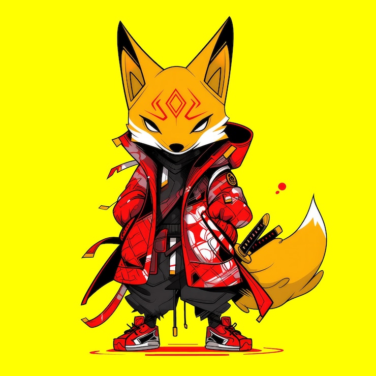 PSD colorido personaje guerrero zorro diseño de ilustración en fondo transparente
