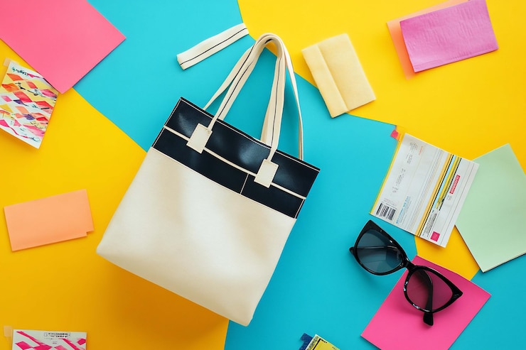 PSD colorido plano con una bolsa de equipaje gafas de sol y documentos de viaje en un fondo amarillo y azulado vibrante