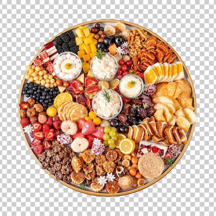 PSD colorido plato de iftar de ramadán con frutas y postres en un fondo transparente