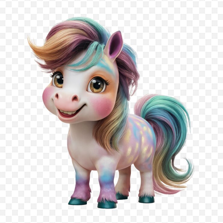 PSD el colorido pony de dibujos animados con crina arcoíris y expresión alegre