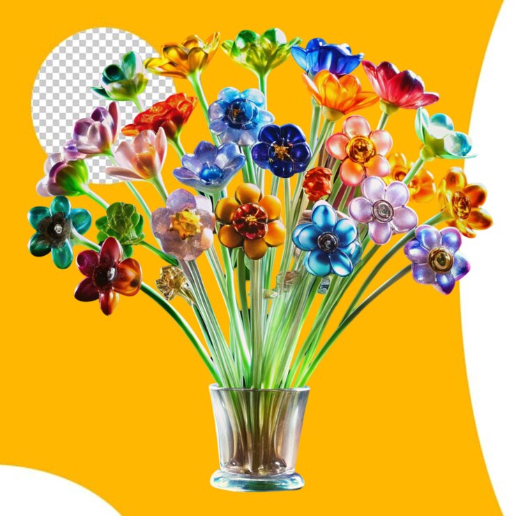 PSD un colorido ramo de flores en un jarrón de vidrio con fondo transparente