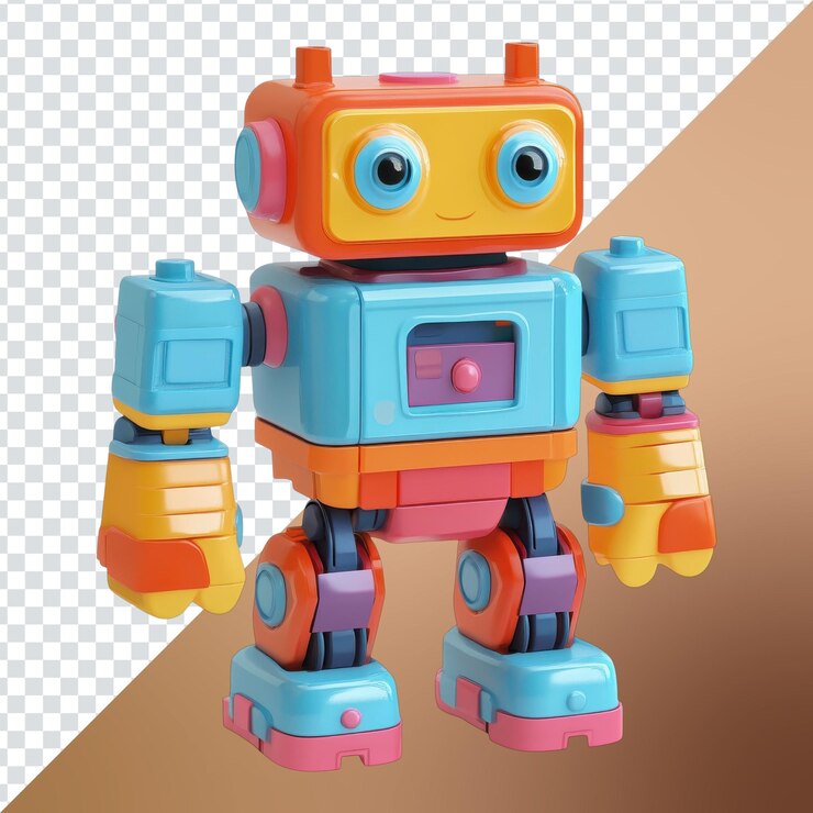 PSD el colorido robot de juguete se encuentra con orgullo en un entorno lúdico que invita a la imaginación y la creatividad en las aventuras lúdicas de los niños en un fondo transparente