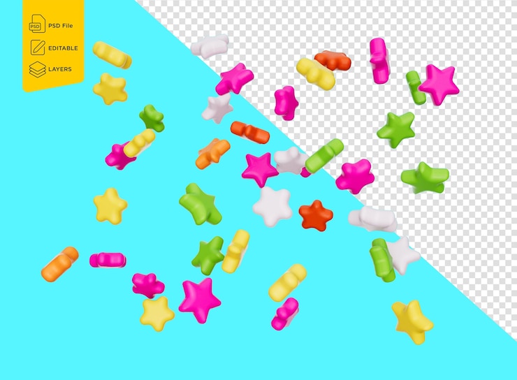 PSD colorido star cake sprinkles cayendo sobre fondo azul ilustración 3d