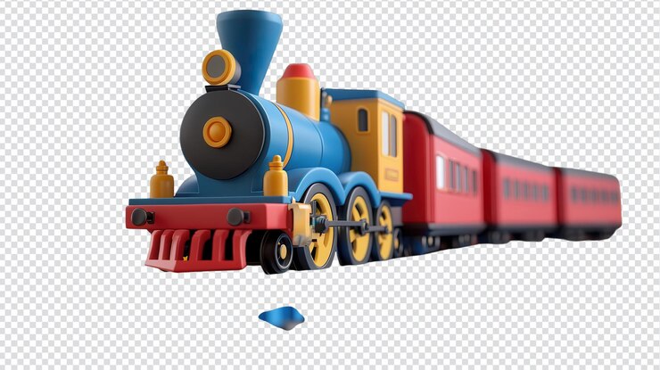 PSD un colorido tren de juguete que se mueve a lo largo de una vía en un entorno lúdico perfecto para los niños durante el tiempo de juego de la tarde