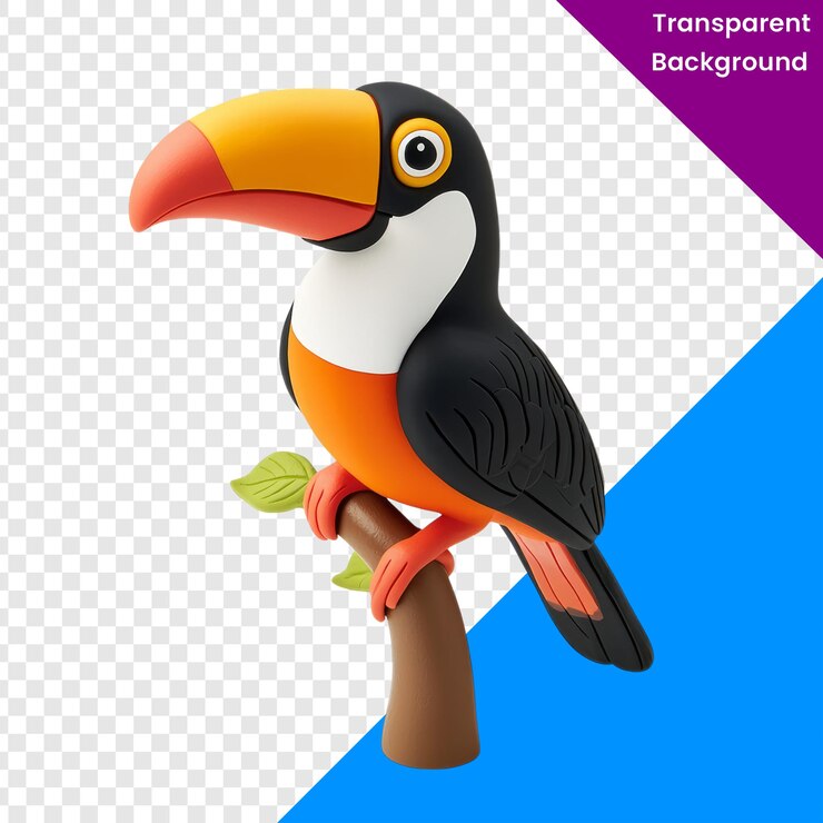 PSD el colorido tucano de dibujos animados en una rama con hoja