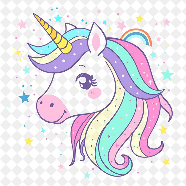 un colorido unicornio con el arco iris en su cabeza y las estrellas en el fondo