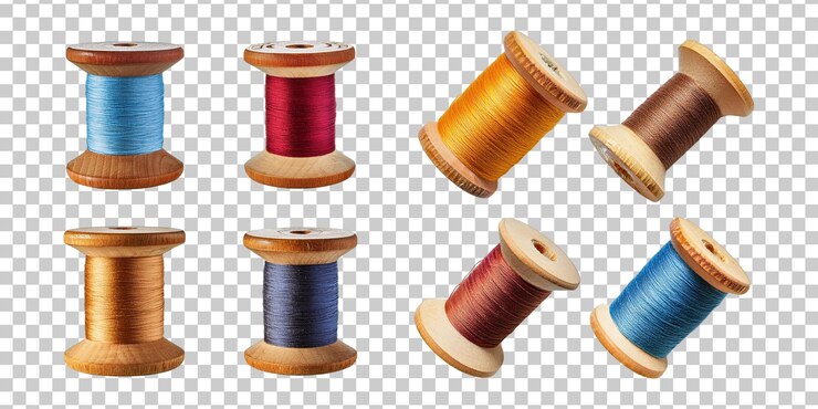 PSD coloridos carretes de hilo en bobinas de madera en varios ángulos