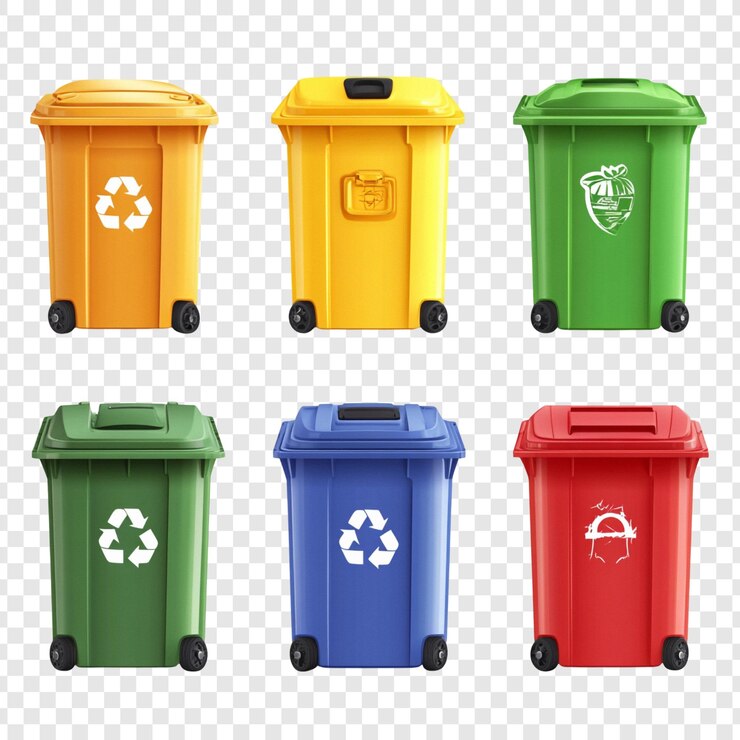 PSD coloridos contenedores de reciclaje con ruedas un conjunto de seis contenedores de residuos para una gestión eficiente de los residuos