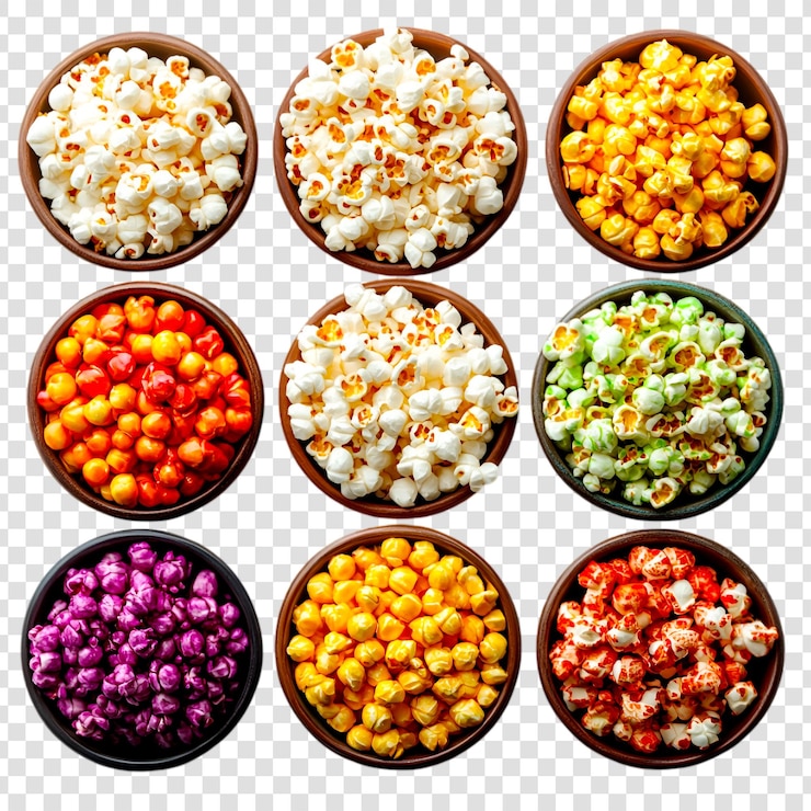 PSD coloridos cuencos de palomitas de maíz variedad de bocadillos