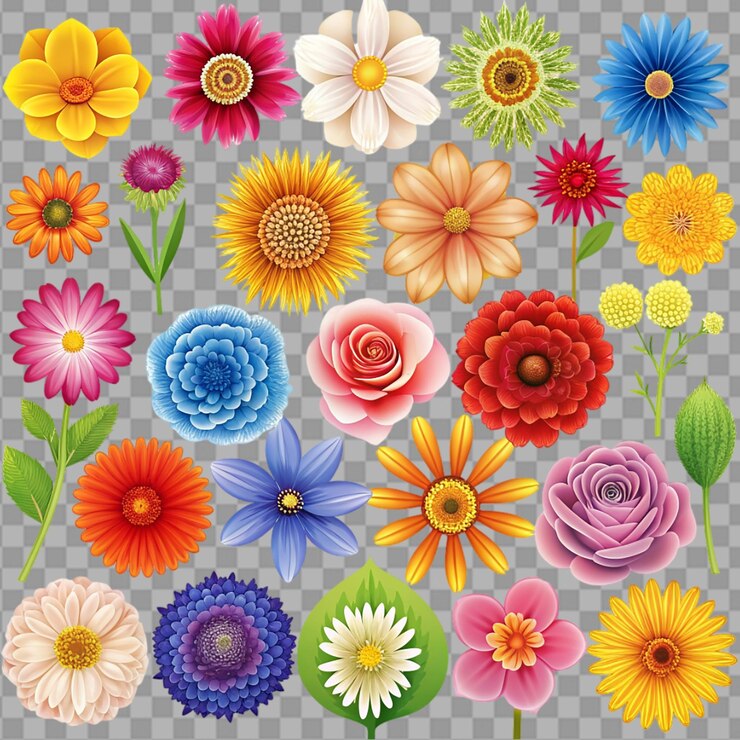 PSD coloridos diferentes tipos de flores colocadas sobre un fondo transparente
