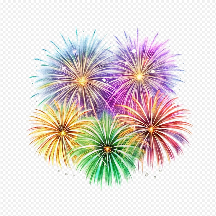 PSD coloridos fuegos artificiales celebración en el cielo nocturno vibrantes ráfagas de luz púrpura verde naranja