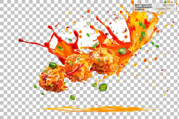 Coloridos pasteles de cangrejo picante volando en remoulade picante sobre un fondo transparente