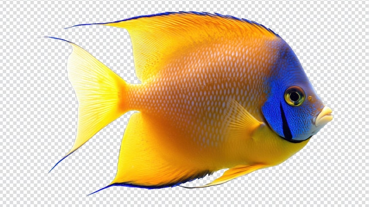 PSD los coloridos peces marinos nadan con gracia en aguas vibrantes que muestran impresionantes tonos amarillos y azules contra un fondo transparente