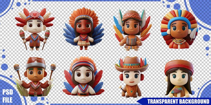 PSD coloridos personajes de dibujos animados con trajes tradicionales
