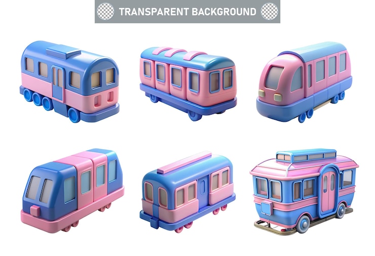 PSD coloridos trenes de juguete y una caravana en un fondo transparente