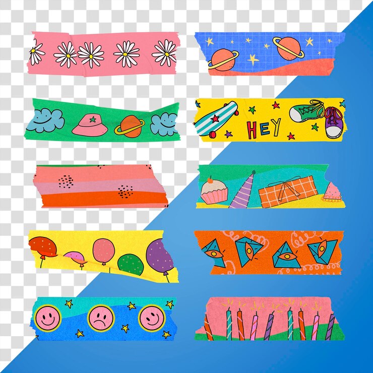 PSD colorosa cinta washi pegatina png diseño divertido para niños en un fondo transparente