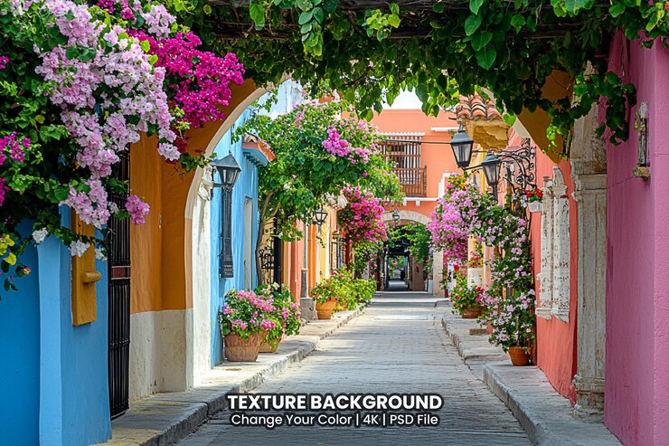 PSD colorosa e strada con fiori tessura sfondo