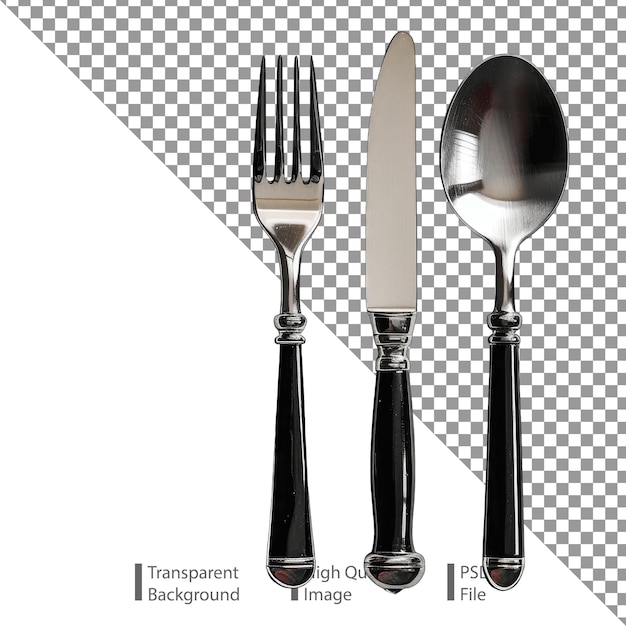 Coltello e cucchiaio d'argento con maniglie nere su uno sfondo bianco