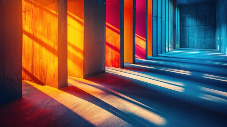 PSD columnas de colores proyectando largas sombras en una habitación vacía con pisos de hormigón