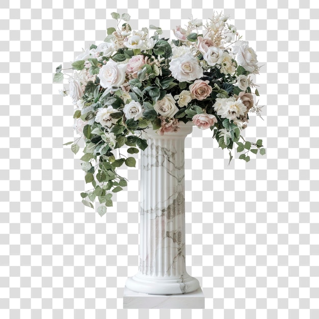 Las columnas de mármol blanco decoradas con flores de boda blancas