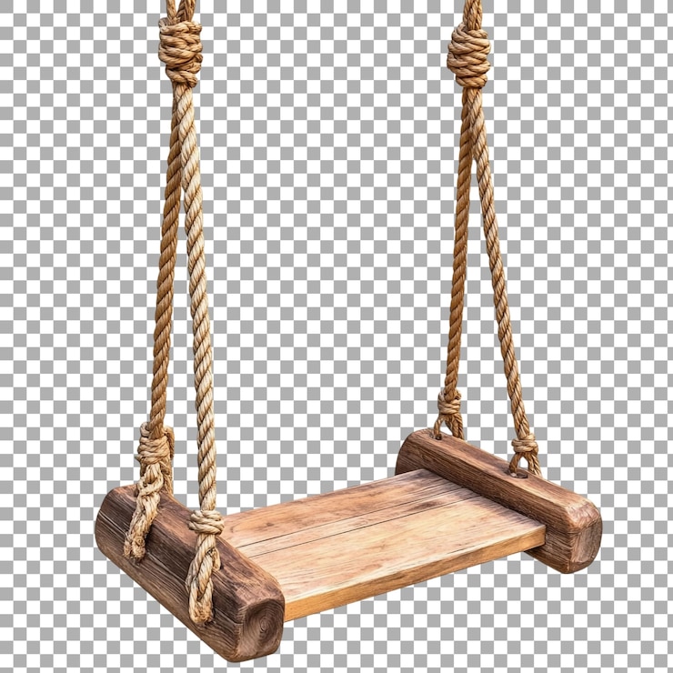 PSD columpio de cuerda de png con asiento de madera contra un fondo transparente