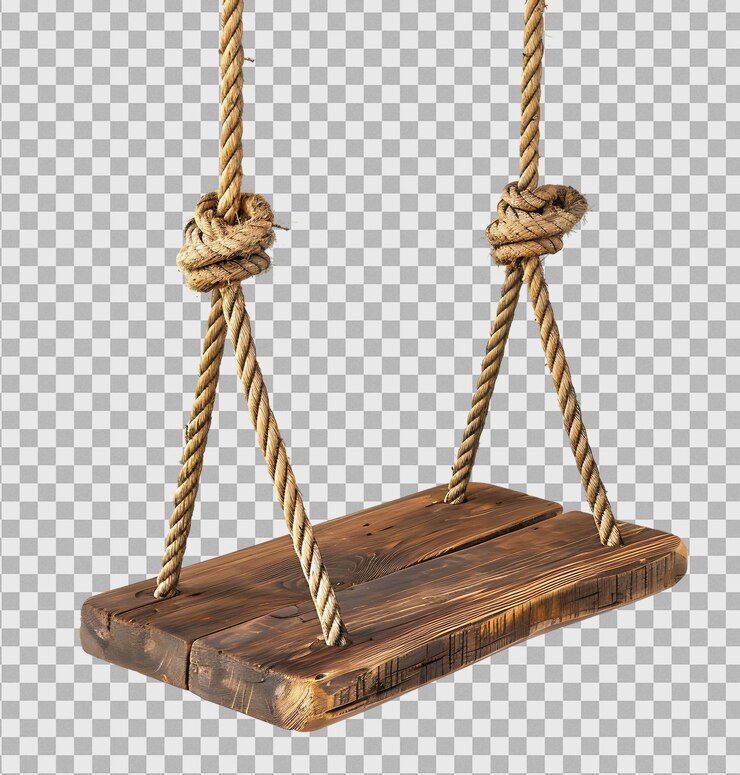 PSD columpio de madera colgando de un par de cuerdas en un fondo transparente