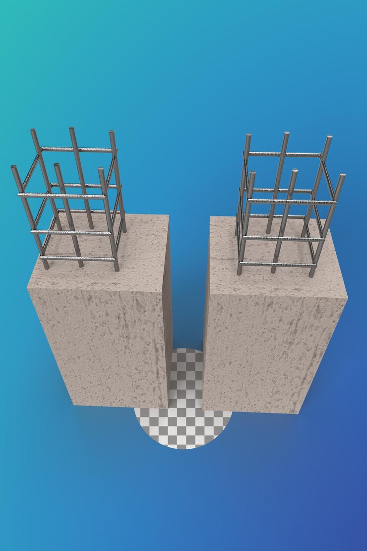 PSD colunas 3d renderizando colunas de concreto sob haste de cofragem de coluna de construção em colunas