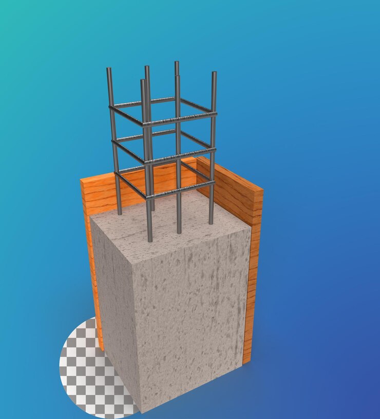 PSD colunas 3d renderizando colunas de concreto sob haste de cofragem de coluna de construção em colunas