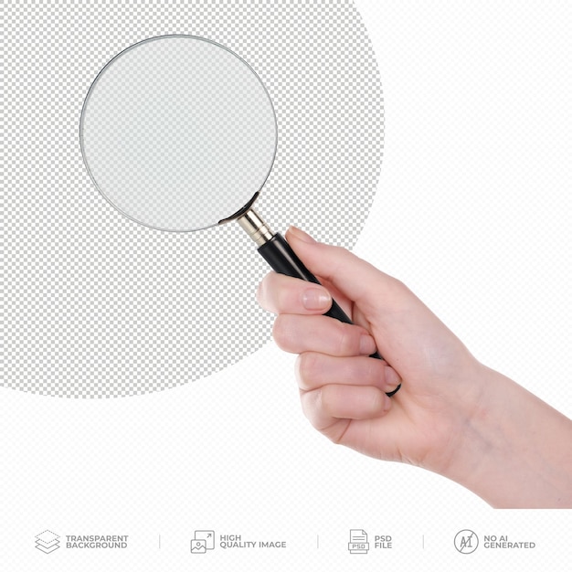 Com a mão segurando uma lupa em um PSD de fundo transparente