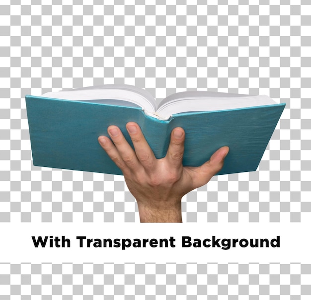 Com a mão um livro aberto com um fundo transparente