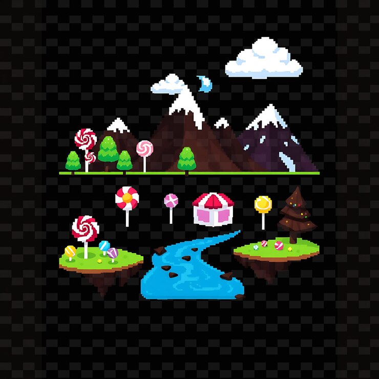 PSD com itens candy land lollipop trees gumdrop mountains chocolate river uma terra de doces caprichosas