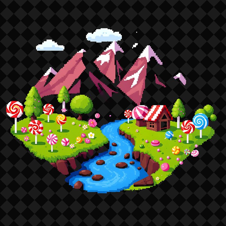 PSD com itens candy land lollipop trees gumdrop mountains chocolate river uma terra de doces caprichosas