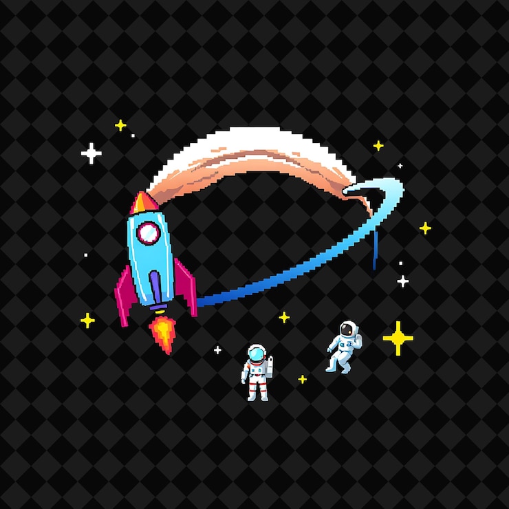 PSD com itens colocados no foguete planeta estrelas astronauta um foguete pixelado voando para o espaço um plano distante