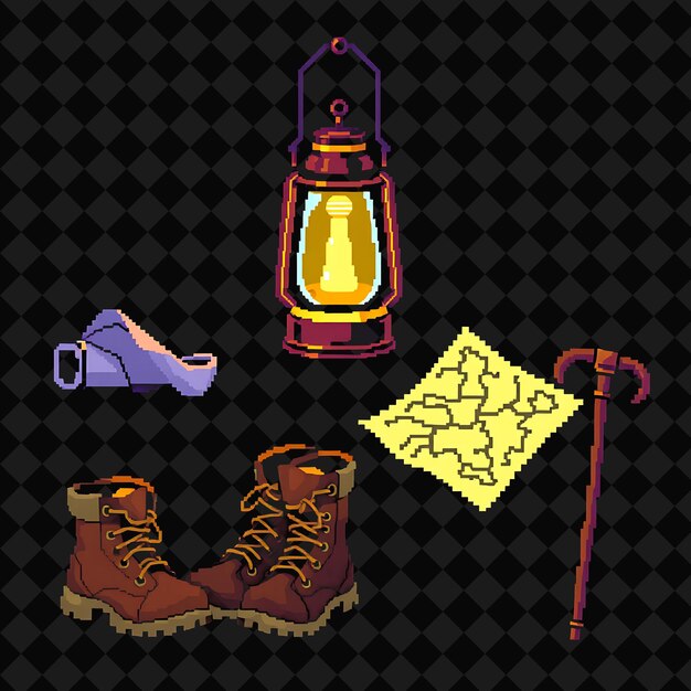 Com itens Lantern Set Mapa Botas de caminhada Bato de caminhada Uma lanterna brilhante iluminando o caminho Um mapa Wi