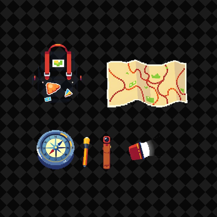 PSD com itens mochila conjunto mapa bússola lanterna uma pequena mochila com adesivos de viagem um m enrugado