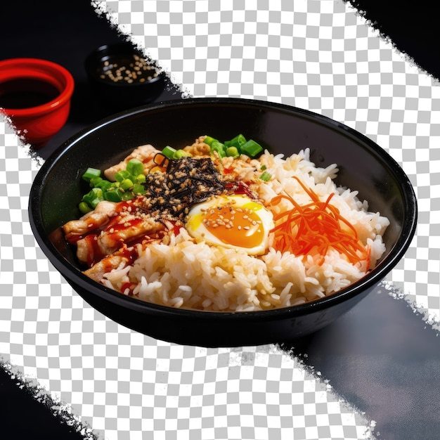 Combinação de macarrão instantâneo e arroz branco em um prato preto contra um fundo transparente