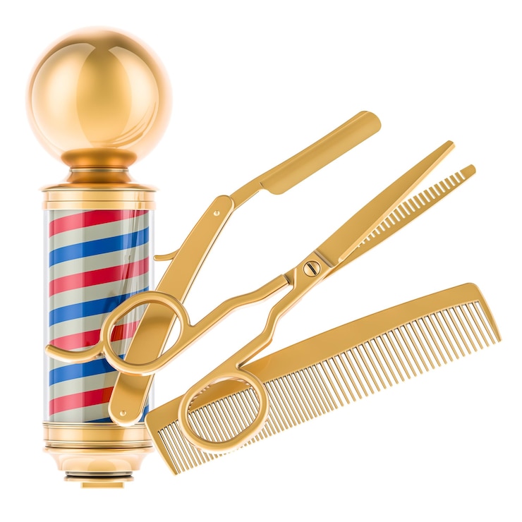 PSD combo de cabelo dourado de barbeiro com barbear e tesoura conceito de salão de cabelos de barbearia renderização 3d isolada em fundo transparente