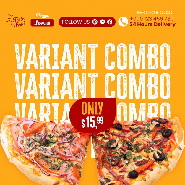 Combo de variante de pizza psd em fundo amarelo escuro modelo de postagem do instagram