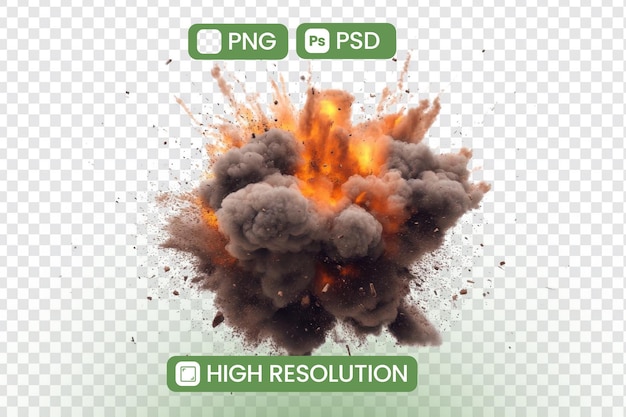 Combustione esplosiva Detriti fiammeggianti e pennacchi di fumo esplodono dinamicamente con calore intenso creando un potente effetto visivo in formati PNG e PSD ad alta risoluzione