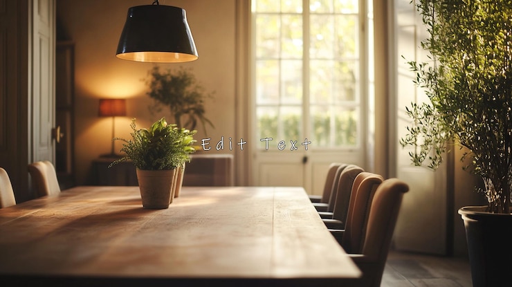 PSD comedor iluminado por el sol con plantas de mesa y sillas de madera