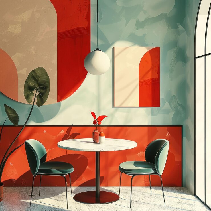 PSD un comedor minimalista con una mesa redonda dos sillas un jarrón de flores y una pintura abstracta colgada en la pared