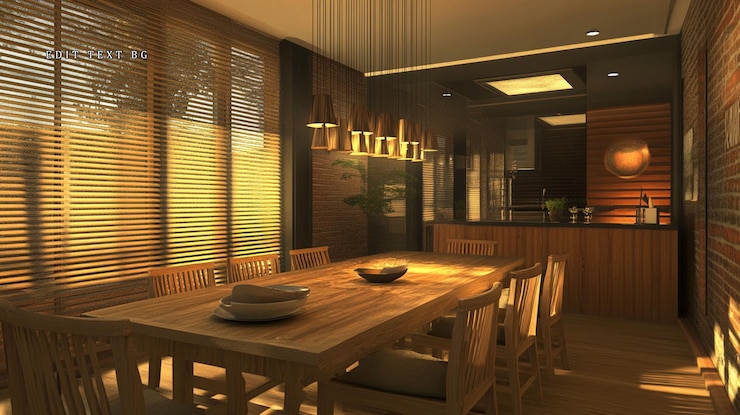 PSD comedor moderno iluminado por el sol con sillas de mesa de madera, persianas y vista a la cocina